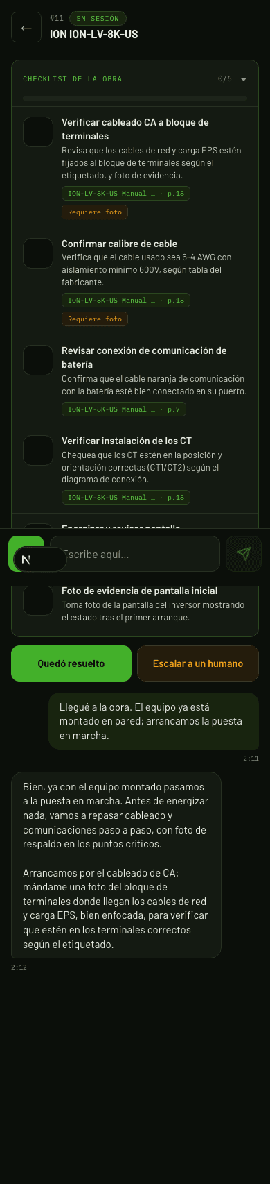 Checklist de instalación con pasos citados del manual y evidencia fotográfica